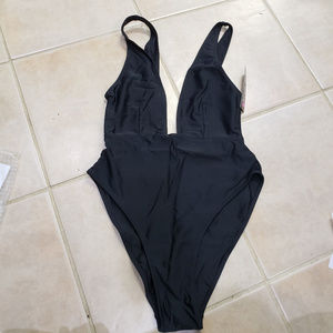 White Fox Swim, Black, One Piece, Low Plunge neck,